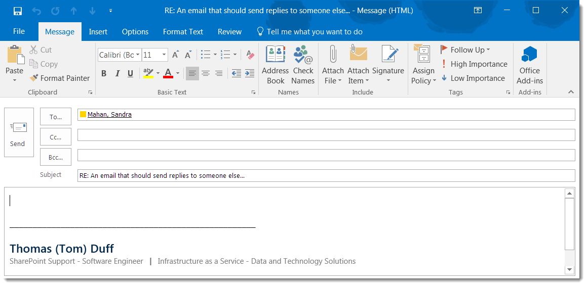 Outlook Nested Reply Example Directing your Outlook email replies to someone else – One Minute ...