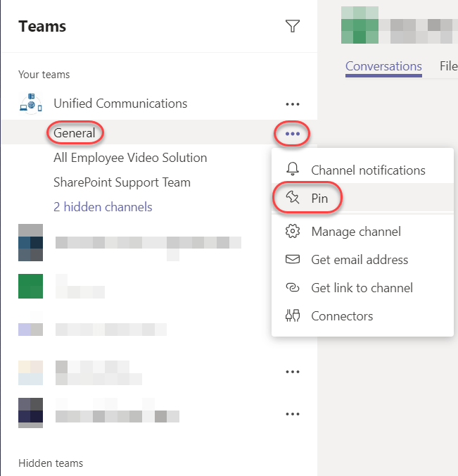 Machine generated alternative text:
Teams 
Your teams 
Unified Communications 
General 
All Employee Video Solution 
SharePoint Support Team 
2 hidden channels 
Hidden teams 
Conversations 
Channel notifications 
Manage channel 
Get email address 
Get link to channel 
Connectors 