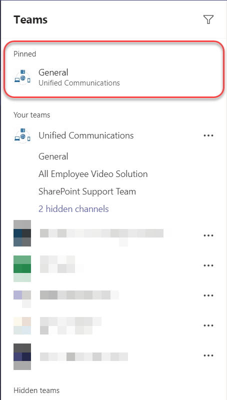 Machine generated alternative text:
Teams 
Pinned 
E General 
Unified Communications 
Your teams 
Unified Communications 
General 
All Employee Video Solution 
SharePoint Support Team 
2 hidden channels 
Hidden teams 