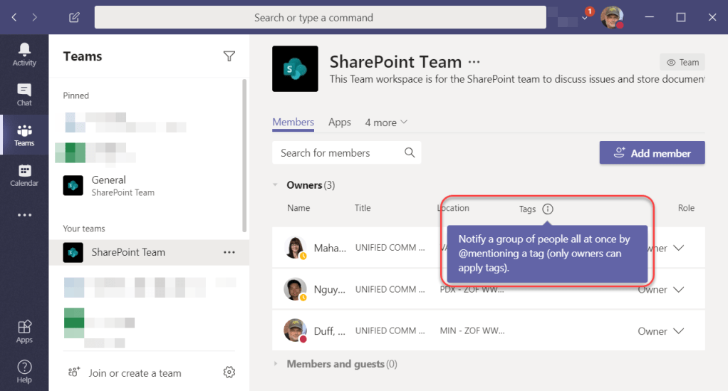 Machine generated alternative text:
Search or type a command 
SharePoint Team 
Calendar 
Teams 
Pinned 
General 
SharePoint Team 
Your teams 
SharePoint Team 
Join or create a team 
O Team 
This Team workspace is for the SharePoint team to discuss issues and store documen- 
Members Apps 4 more v 
Search for members 
Owners (3) 
Name 
Maha... 
Nguy... 
Duff, . 
Title 
UNIFIED COMM 
UNIFIED COMM 
UNIFIED COMM 
ation 
Tags O 
Notify a group of people all at once by 
@mentioning a tag (only owners can 
apply tags). 
MIN - ZOF WW... 
Add member 
Role 
ner v 
Owner v 
Members and guests (0) 
