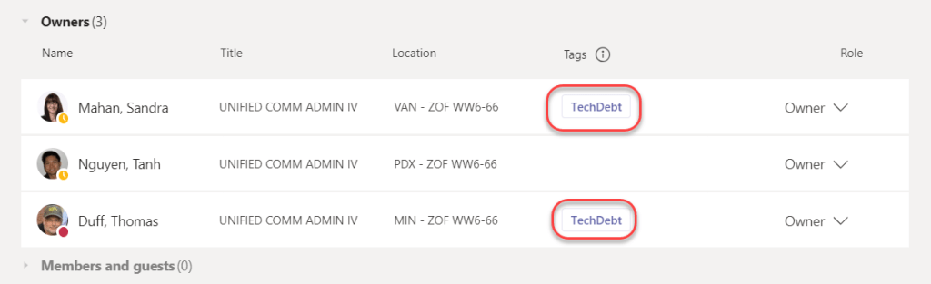 Machine generated alternative text:
Owners (3) 
Name 
Mahan, Sandra 
Nguyen, Tanh 
Duff, Thomas 
Members and guests (0) 
Title 
UNIFIED COMM ADMIN IV 
UNIFIED COMM ADMIN IV 
UNIFIED COMM ADMIN IV 
Location 
VAN - ZOF WW6-66 
POX - ZOF WW6-66 
MIN - ZOF WW6-66 
Tags O 
TechDebt 
TechDebt 
Role 
Owner v 
Owner v 
Owner v 