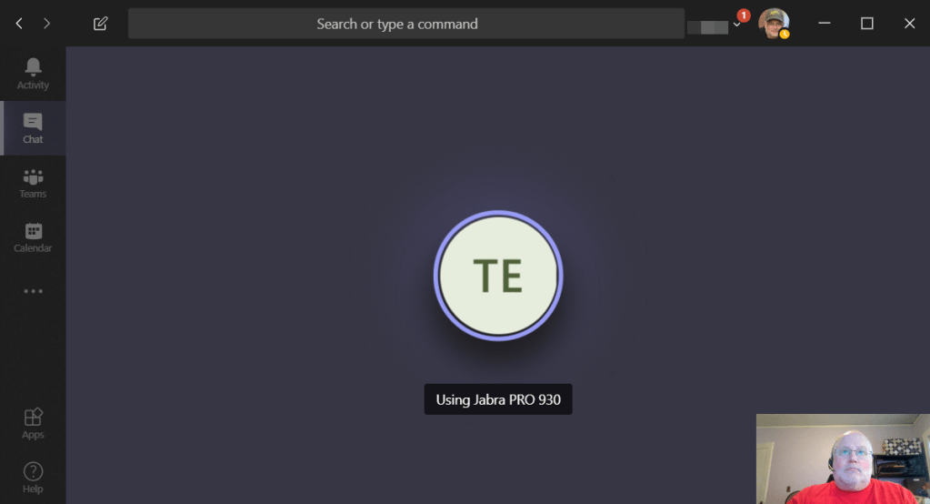Machine generated alternative text:
Search or type a command 
Activity 
Teams 
Calendar 
Using Jabra PRO 930 
Help 
