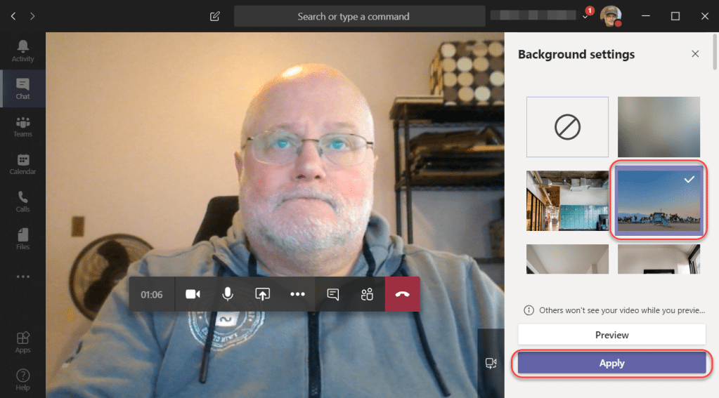 Machine generated alternative text:
Search or type a command
Activity
Teams
Calendar
01:06
Background settings
O Others won't see your video while you previe...
Preview
Apply