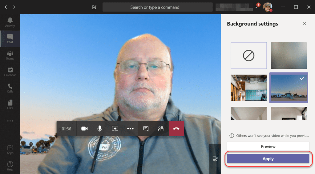 Machine generated alternative text:
Search or type a command
Activity
Teams
Calendar
0136
Background settings
O Others won't see your video while you previe...
Preview
Apply