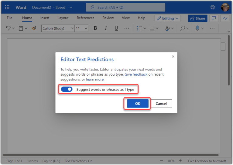Text predictions for Microsoft Word on the Web – One Minute Office Magic