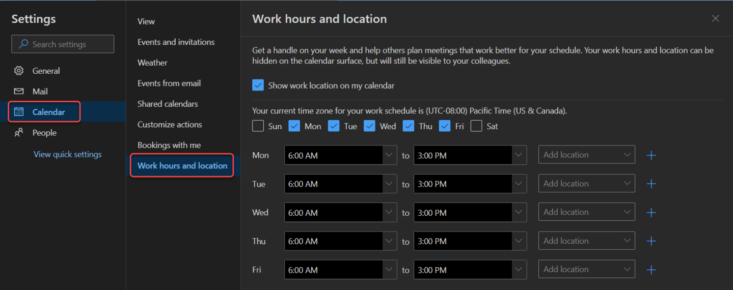 Managing your calendar with the hybrid work hours and location feature ...