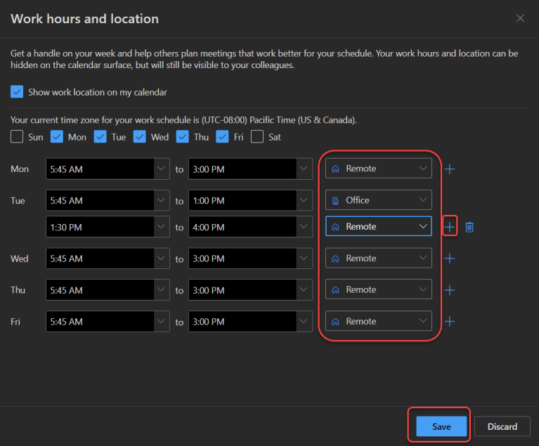 Managing your calendar with the hybrid work hours and location feature ...